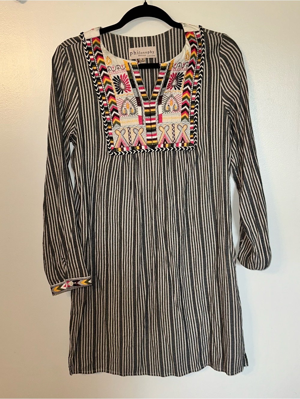 Philosophy Dress Embroidered Boho Tunic  Dress Gray Stripe Colorful Long Sleeve